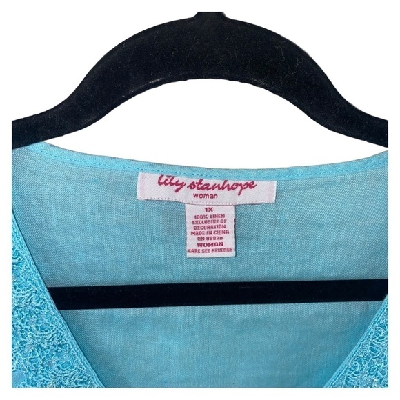Lily Stanhope Ocean‎ Blue 100% Linen Lace Beads Beachy Blouse Tunic Cover-Up - Picture 5 of 6